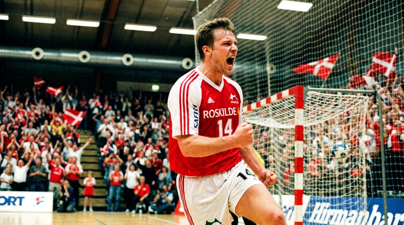 HC Empor Rostock Spieler jubelt nach dem Derby-Siegtreffer in der Hansehalle