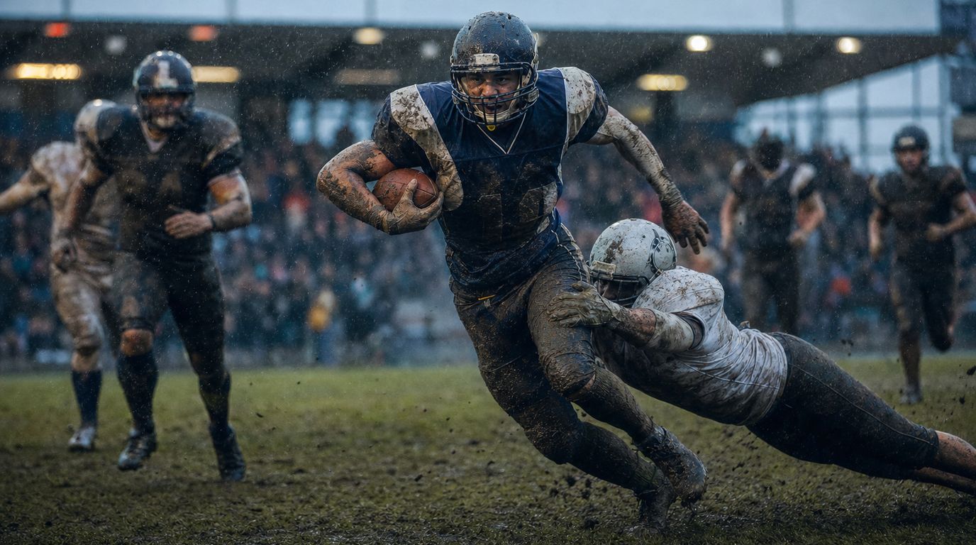 Footballspieler mit Helm sitzen nach einem Spiel enttäuscht auf der Bank am Spielfeldrand