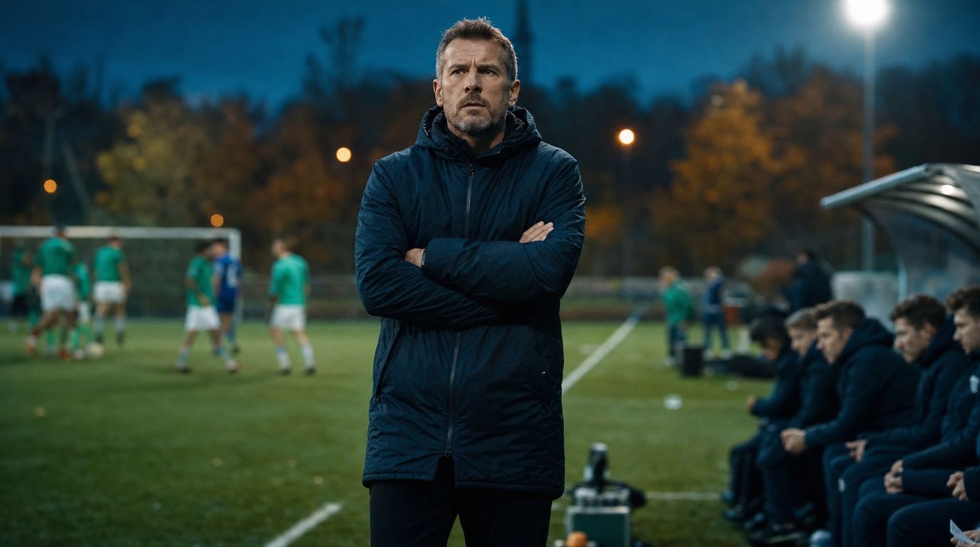Trainer an der Seitenlinie eines Fußballplatzes gibt Anweisungen, im Hintergrund Flutlicht und Tribüne