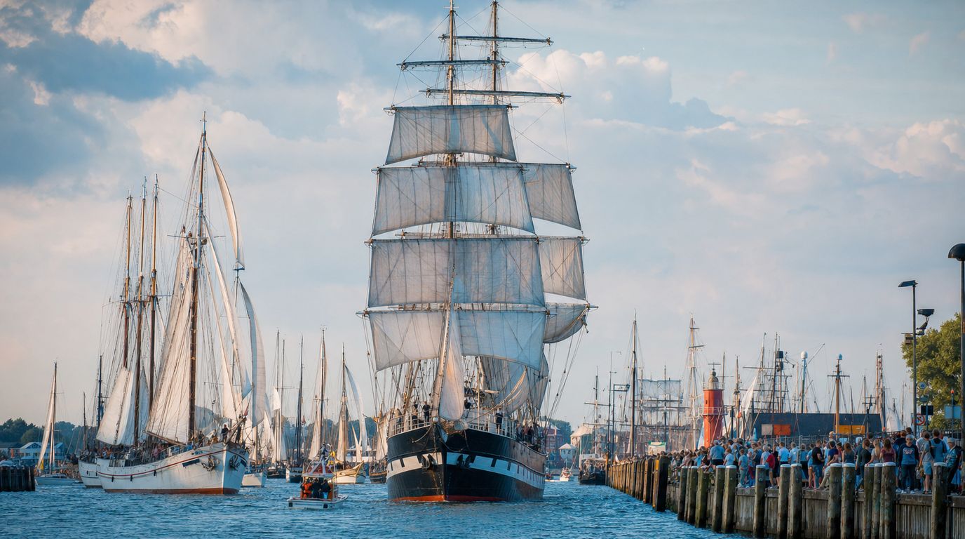 Großsegler mit gesetzten Segeln vor einer Hafenpromenade mit vielen Zuschauern