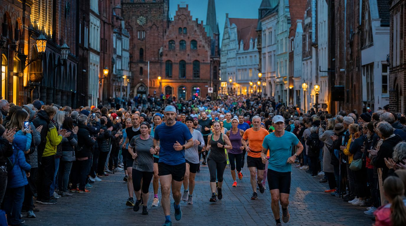 Läuferfeld auf einer beleuchteten Uferpromenade in der Abenddämmerung