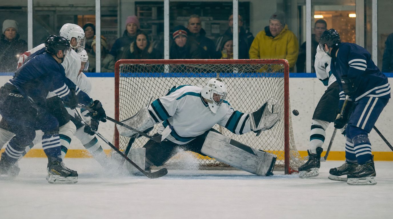 Eishockeyspieler jagen dem Puck hinterher, im Hintergrund die Bande und Zuschauer in einer kleinen Eishalle