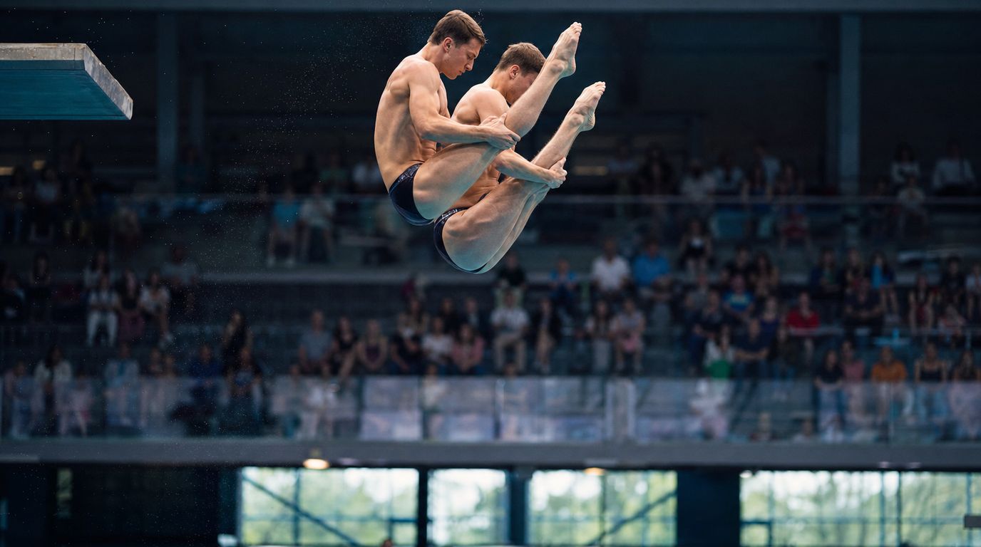 Turmspringer in Hechtposition in der Luft vor dem Hallendach einer großen Schwimmarena
