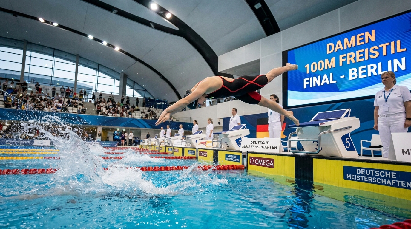 Schwimmerin der Rostocker Robbe beim Startsprung bei der Deutschen Meisterschaft