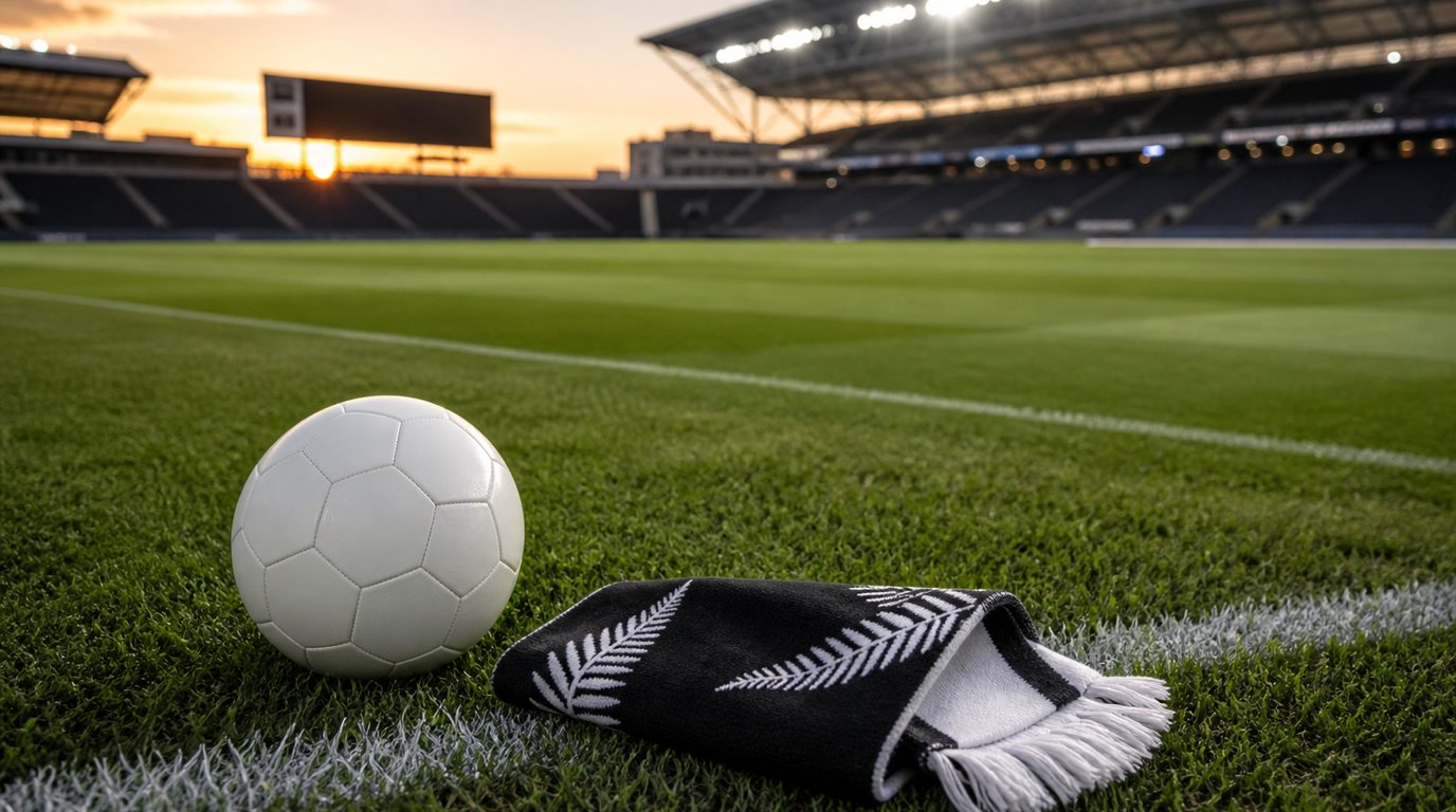 Weißer Fußball und schwarz-weißer Fanschal mit Farnmuster am Spielfeldrand eines WM-Stadions in der Abenddämmerung