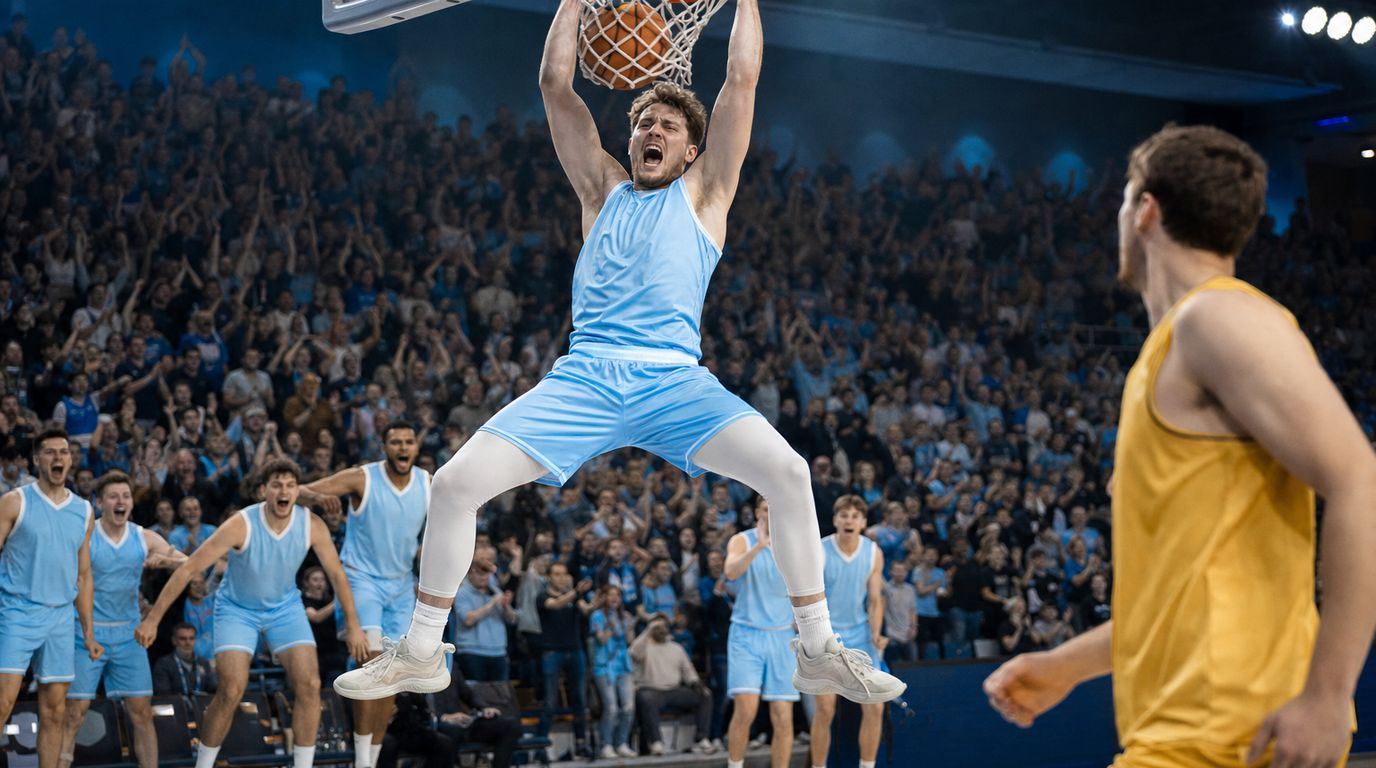 Basketballspieler jubeln nach einem Dreier vor voll besetzten Rängen in einer Sporthalle