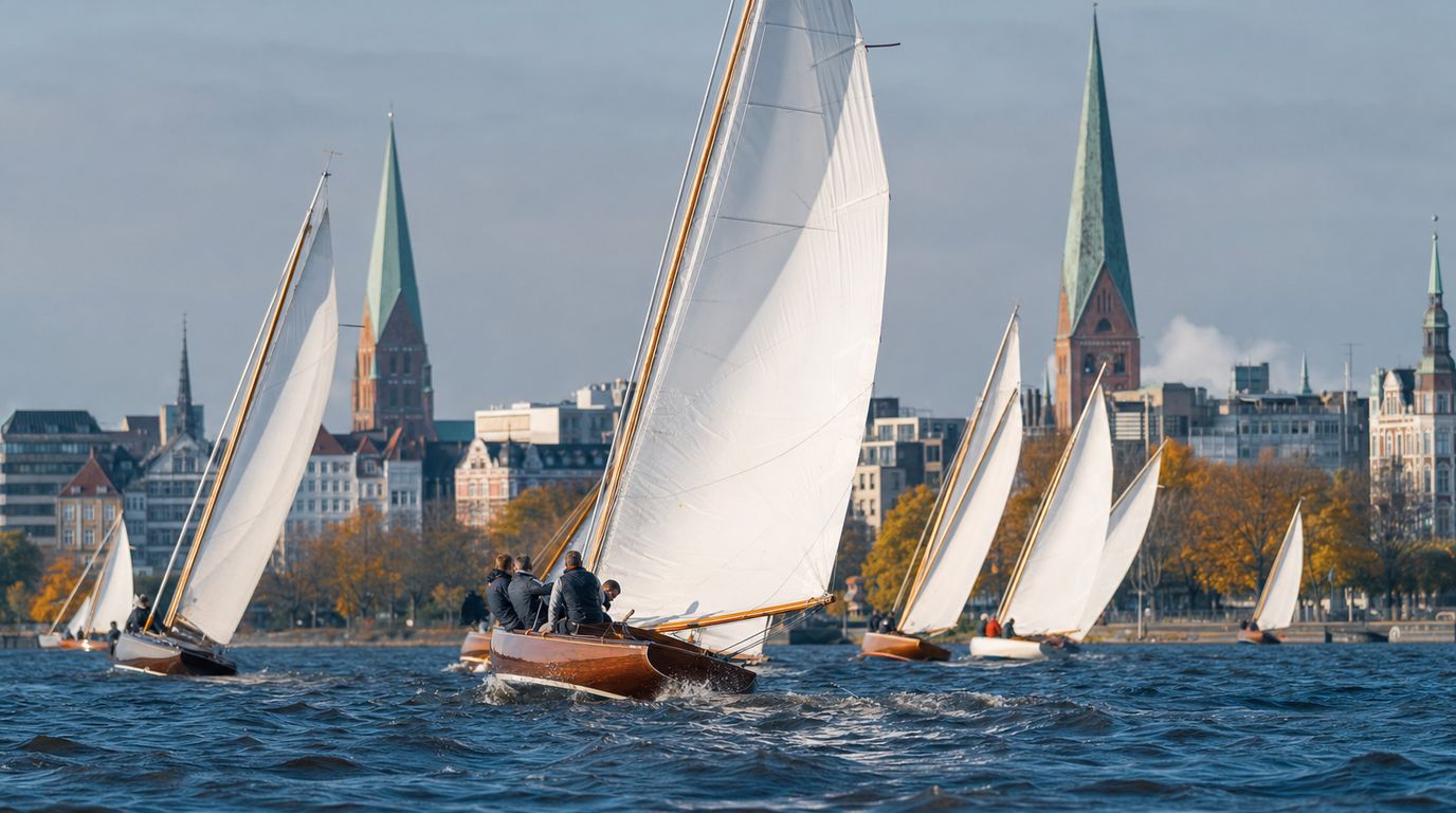 Mehrere gleiche Kielboote mit weißen Segeln bei leichtem Wind auf einem Fluss vor einer Stadtsilhouette