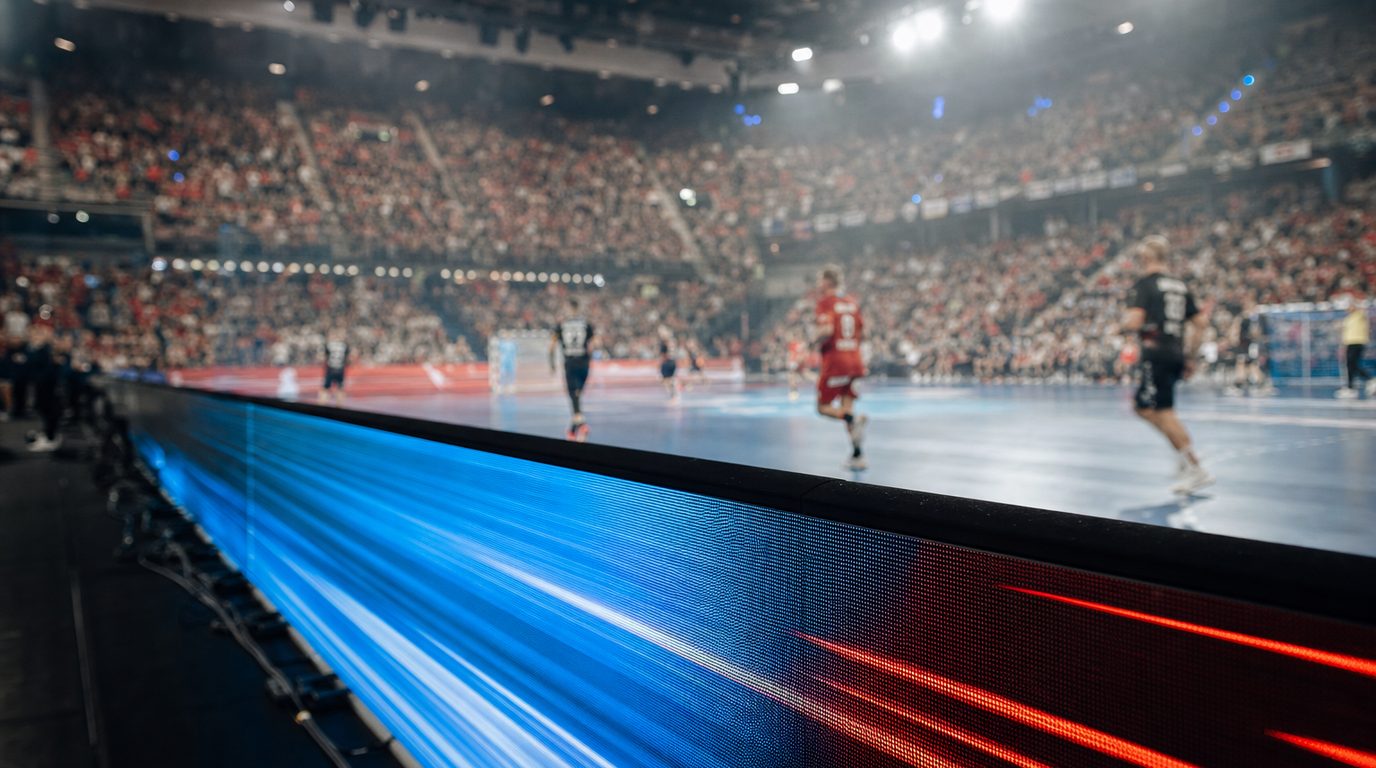 Sporthalle bei Flutlicht mit Werbebanden am Spielfeldrand während eines Handballspiels