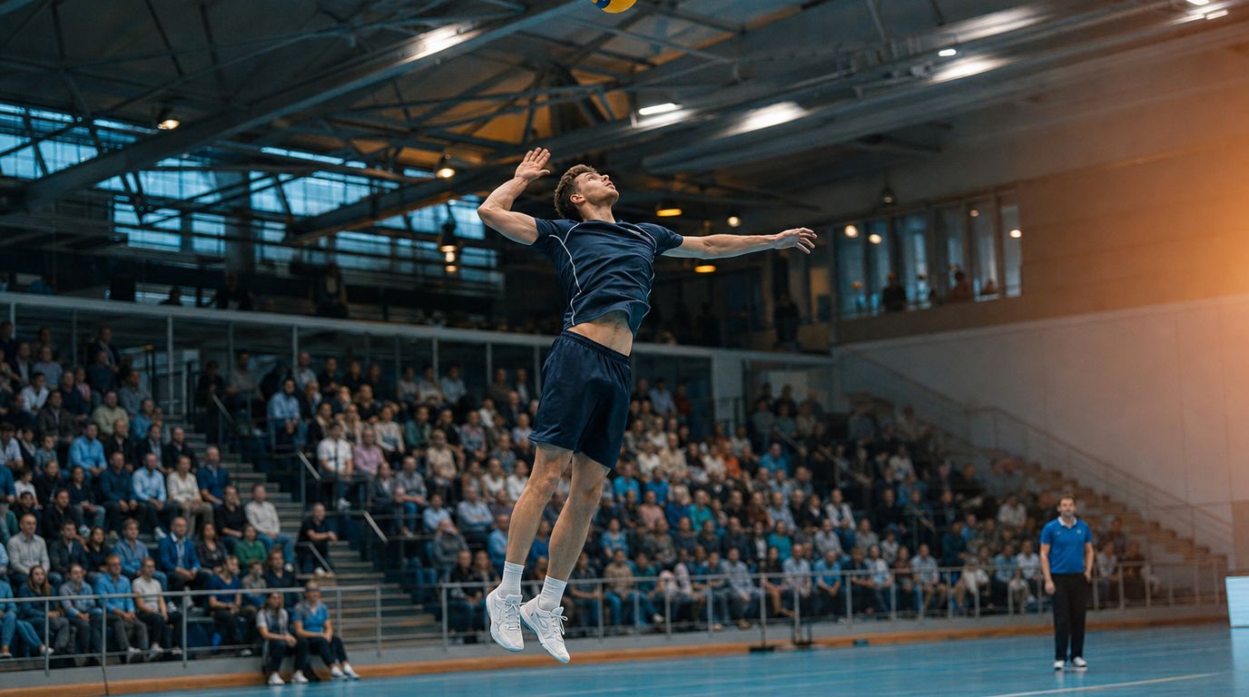 Volleyballspieler beim Aufschlag in einer Sporthalle, Netz und Block im Vordergrund