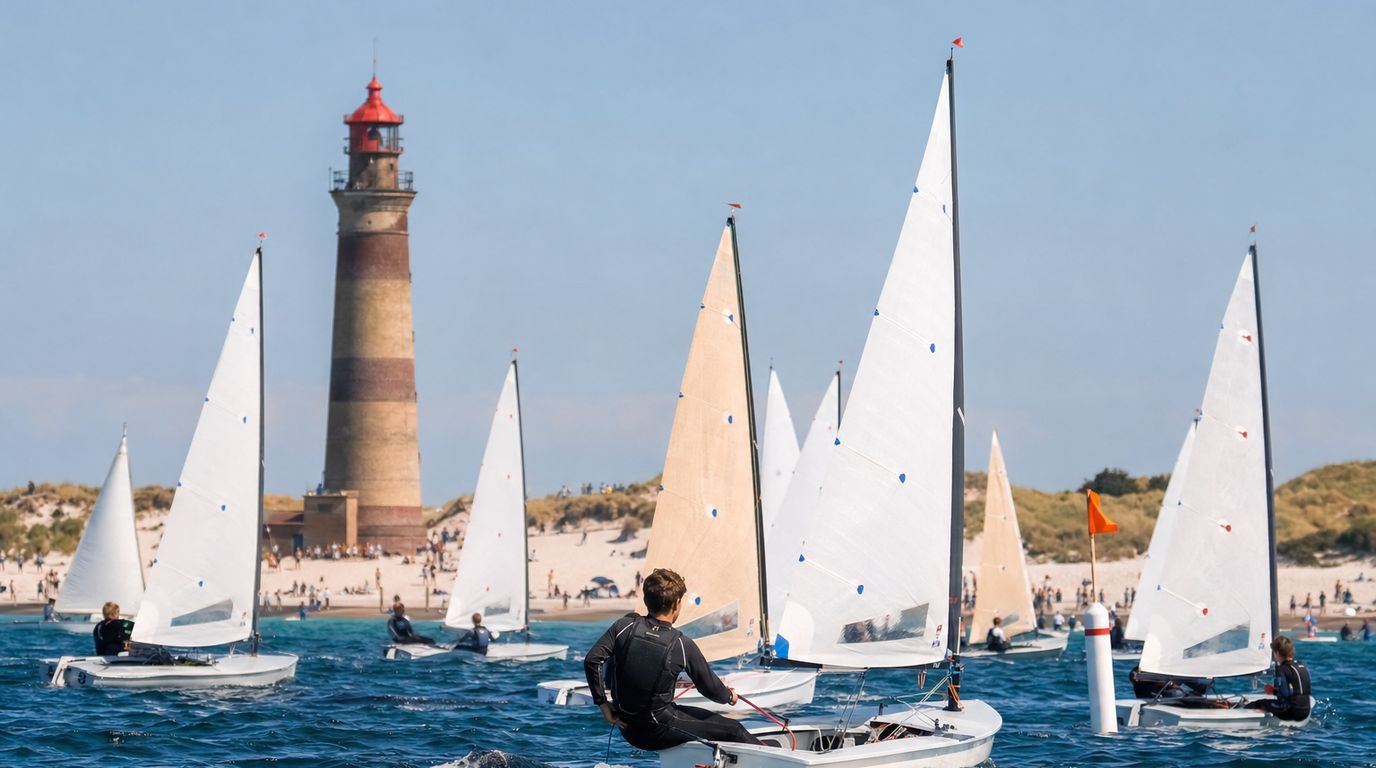 Feld von Jollen mit bunten Segeln bei einer Regatta auf der Ostsee vor einem Strand mit Leuchtturm