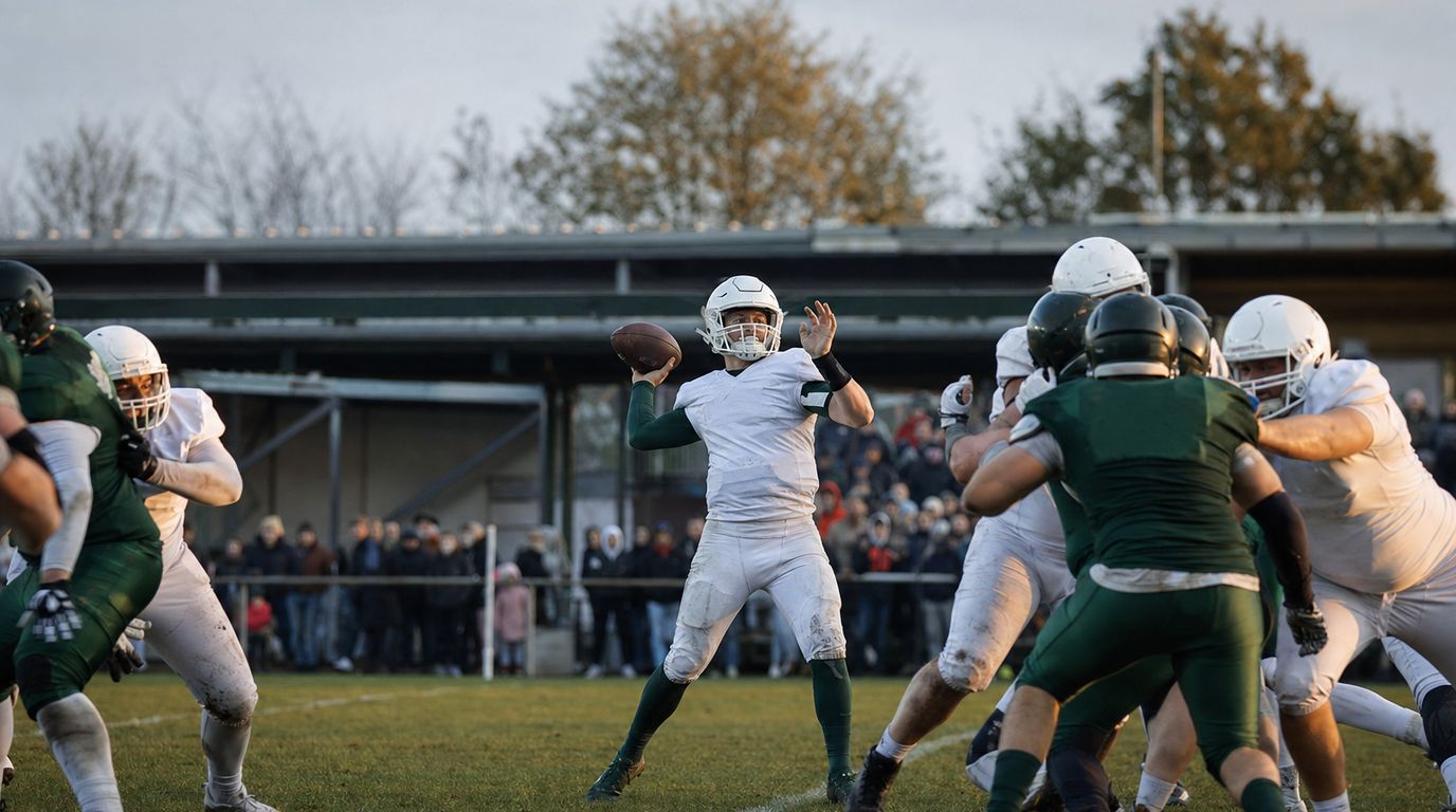 Footballspieler in Helm und Schulterpolstern an der Anspiellinie, im Hintergrund eine Stadiontribüne