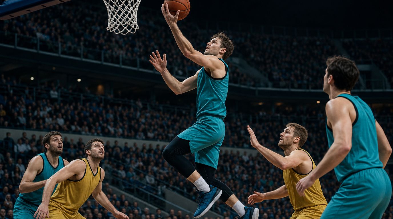 Basketballspieler beim Korbleger in einer vollen Halle mit Zuschauern auf den Rängen