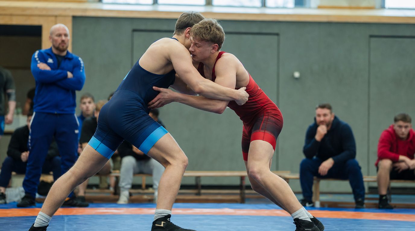 Boxring in einer Trainingshalle mit Sandsäcken und Handschuhen im Vordergrund