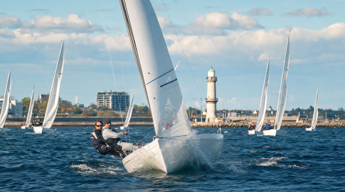 Segelboote mit weißen Segeln auf der Ostsee vor einer Hafenmole mit Leuchtturm