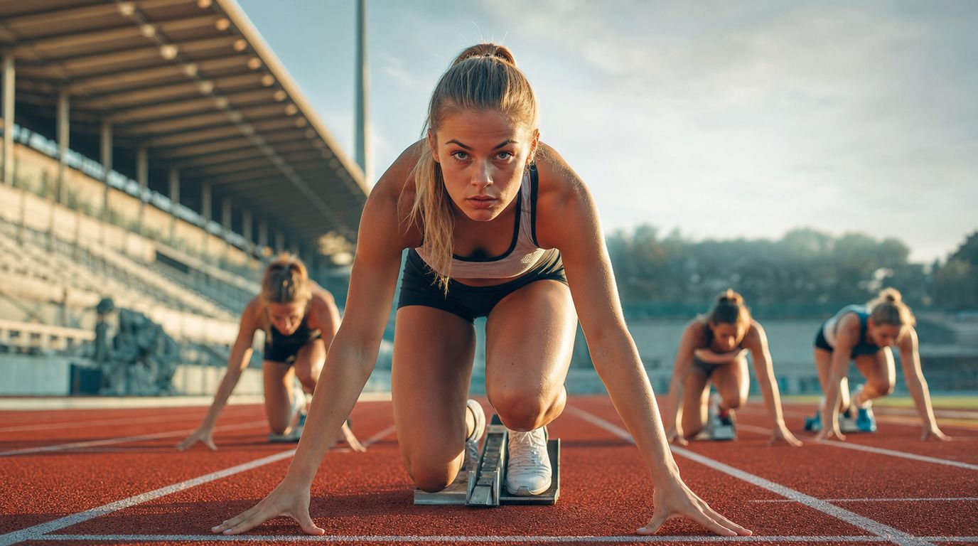 Speerwerferin beim Abwurf auf einer Leichtathletikanlage vor leerer Tribüne