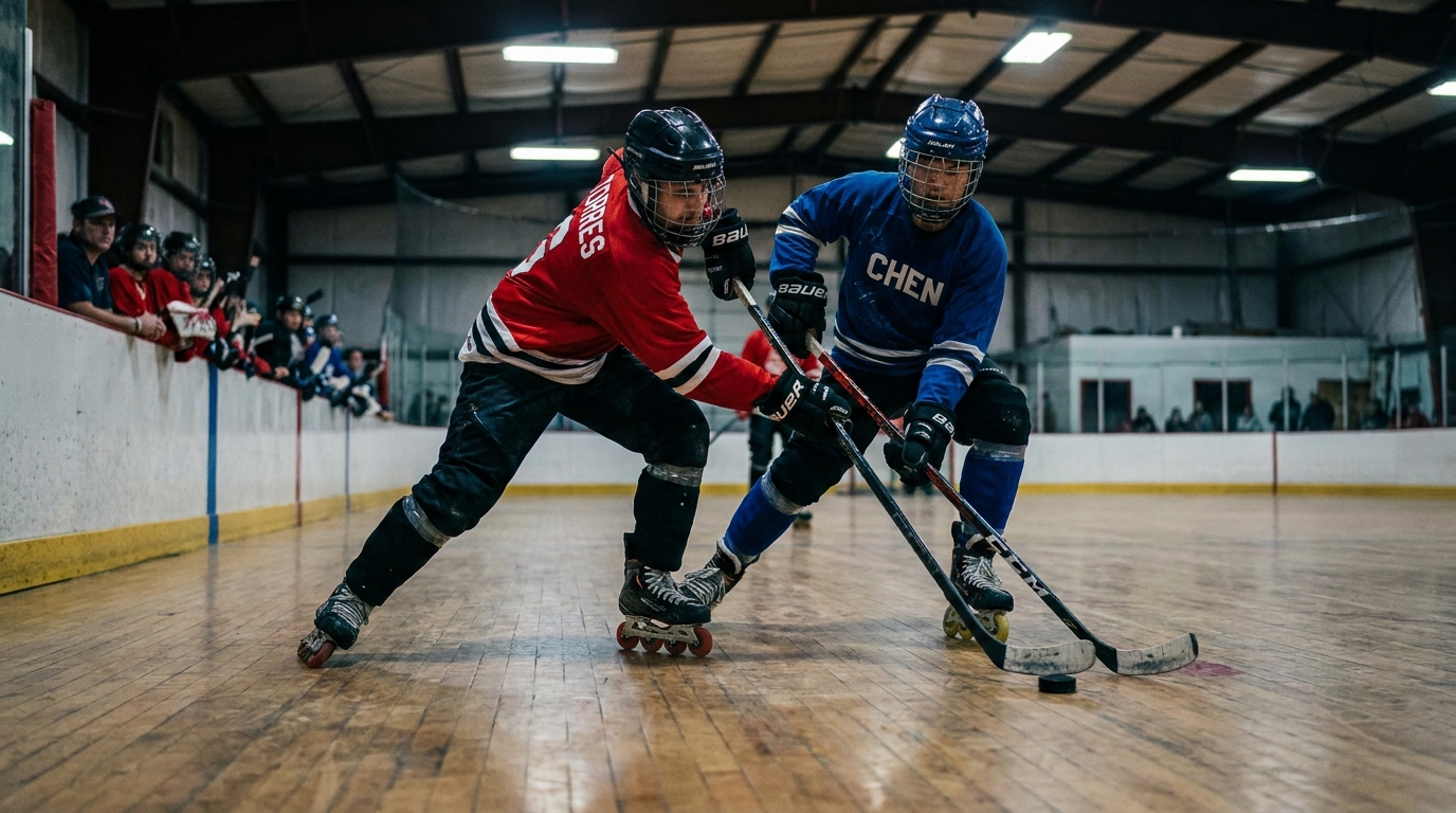 Rollhockeyspieler des RHC Rostock beim Sprintduell in der heimischen Halle