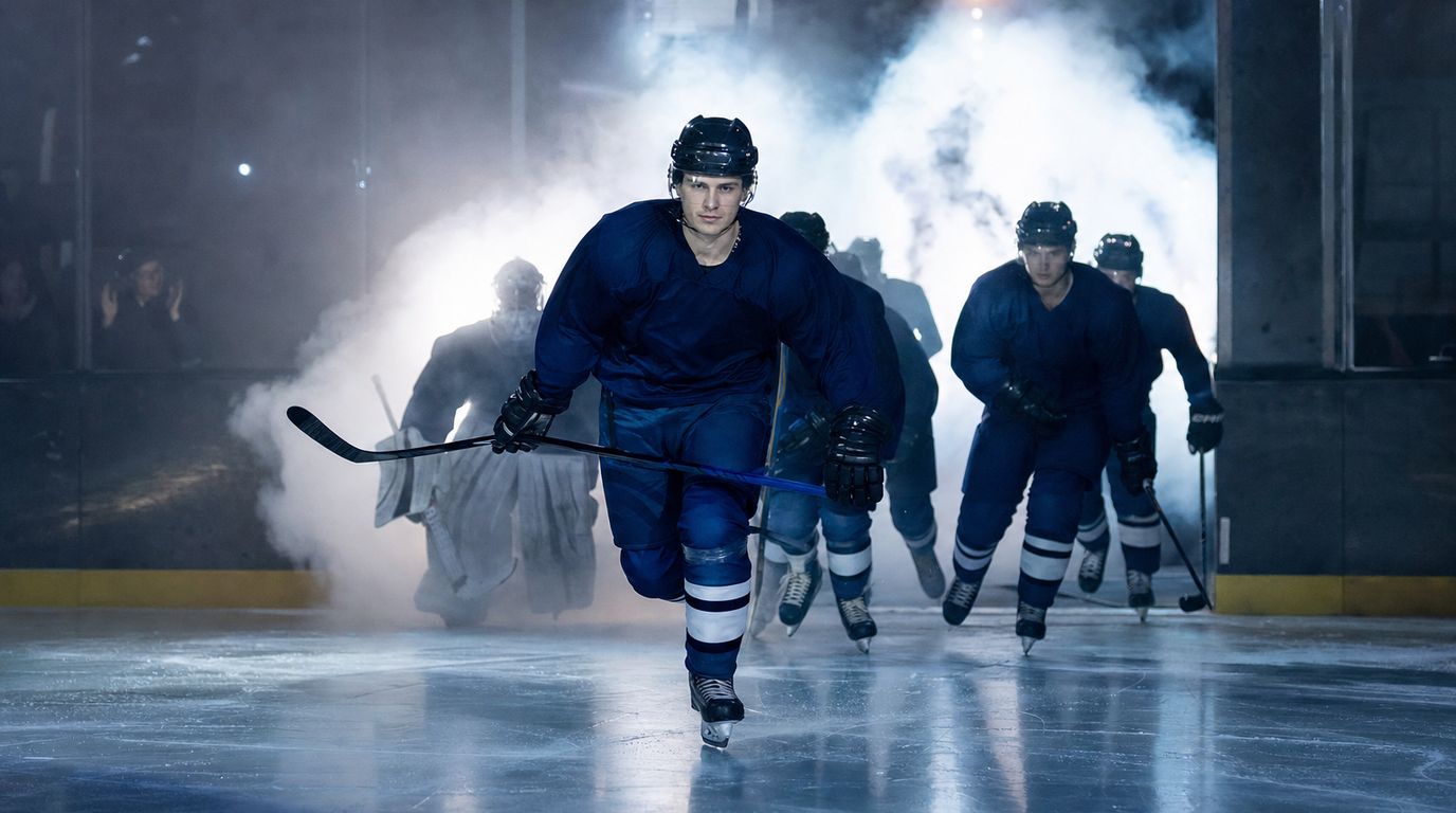 Eishockeyspieler in roten Trikots beim Torjubel vor der Bande einer Eishalle