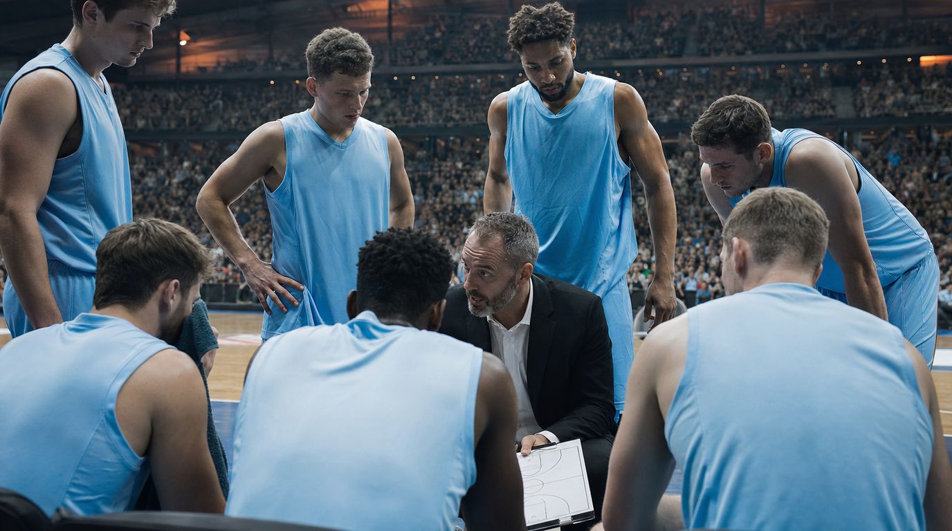 Basketballspieler beim Sprungwurf vor einer voll besetzten Tribüne in einer großen Halle