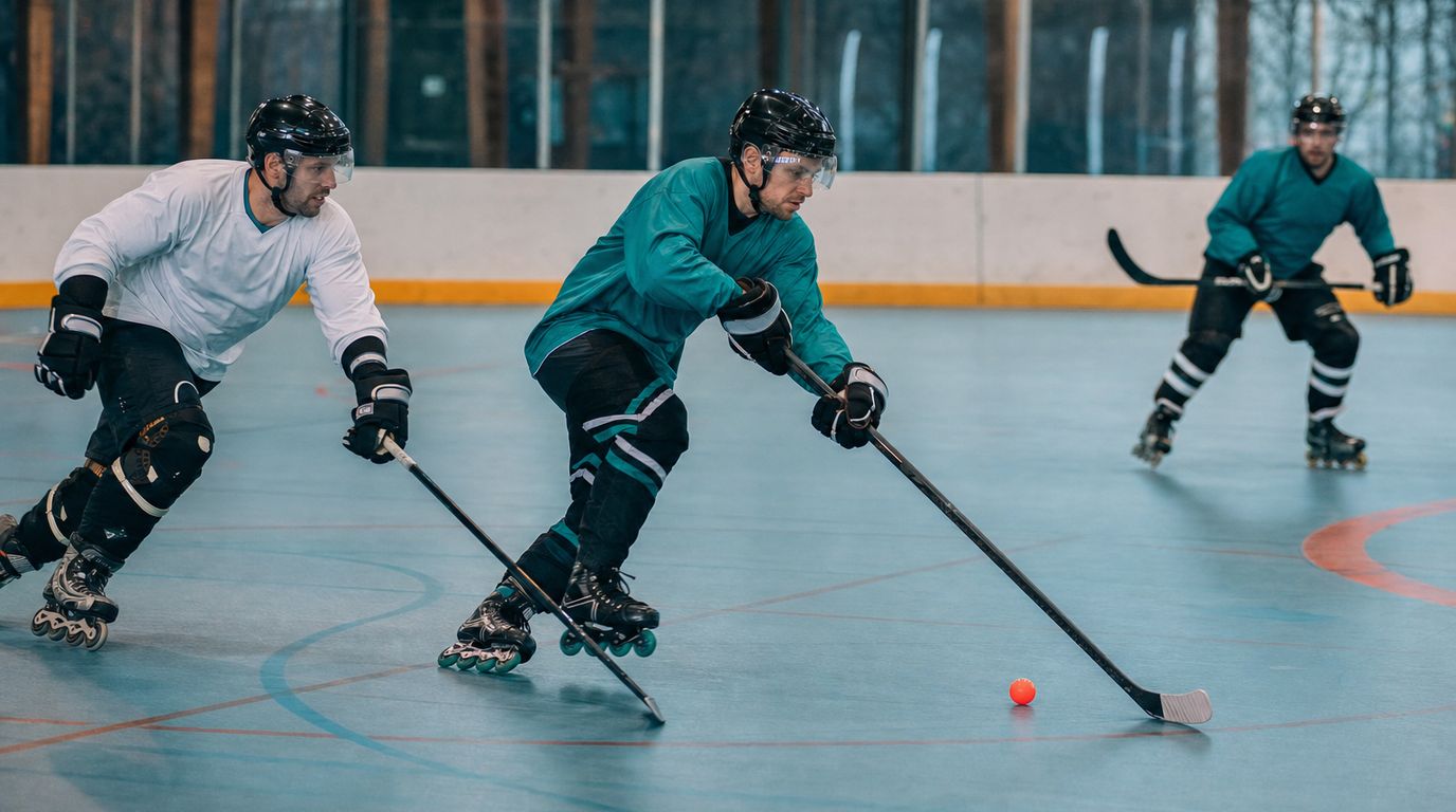 Skaterhockeyspieler auf Inline-Skates im Zweikampf um den Ball in einer Sporthalle