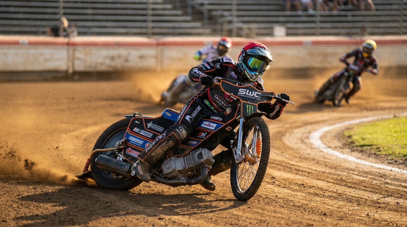 Speedwayfahrer des SV Motor Rostock in der Kurve des Rostocker Speedwayovals