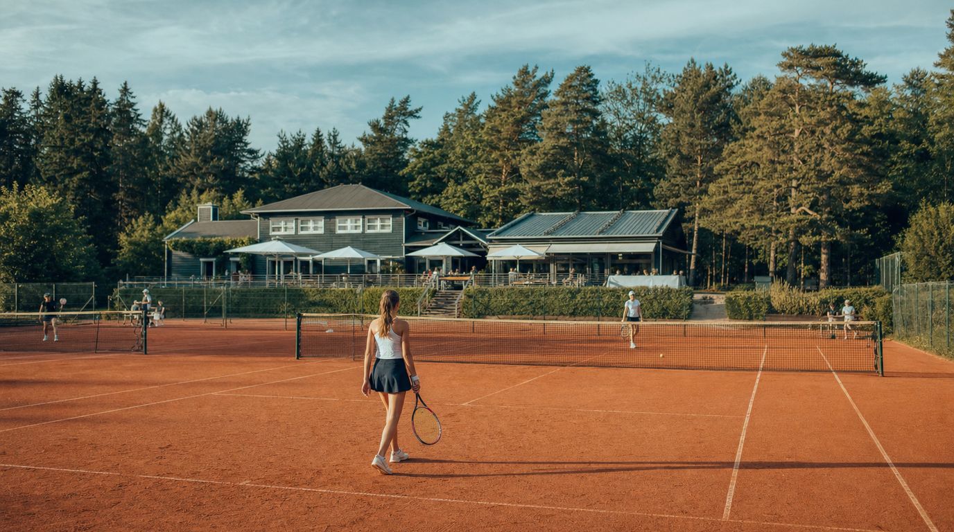 Mehrere rote Sandplätze einer Tennisanlage am Waldrand mit Vereinsheim im Hintergrund